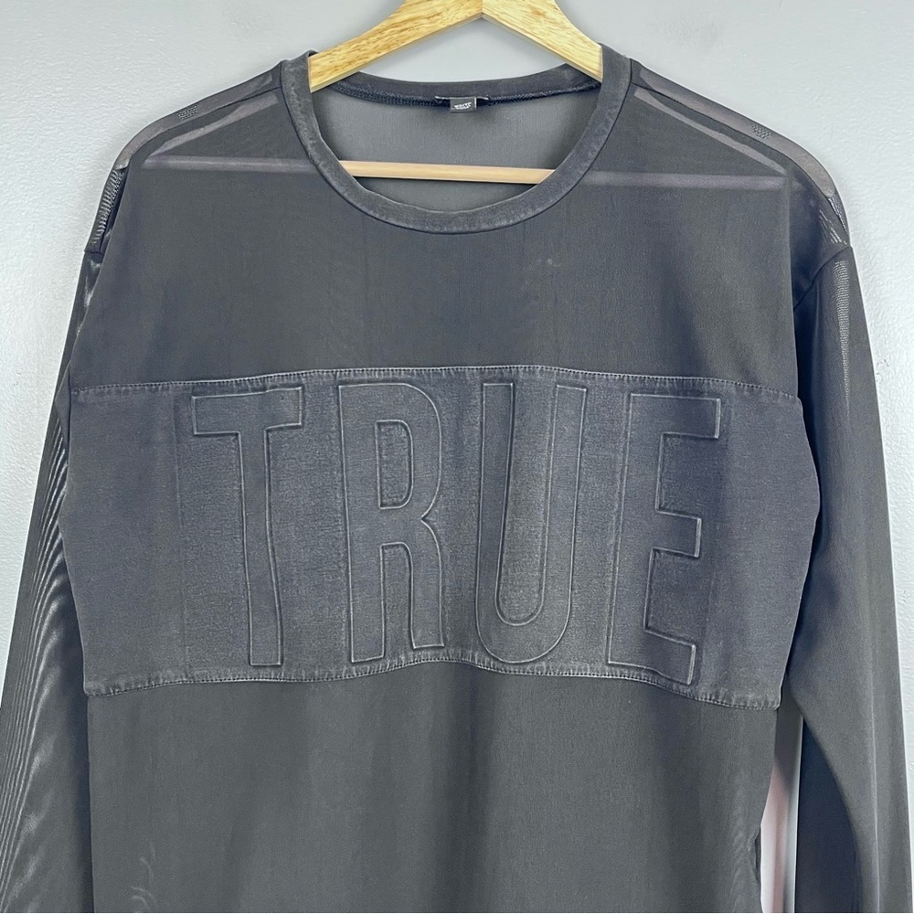 True Religion Women's Long Sleeve Black Sheer Spell Out Mesh Panel Top Size XS - Picture 2 of 13